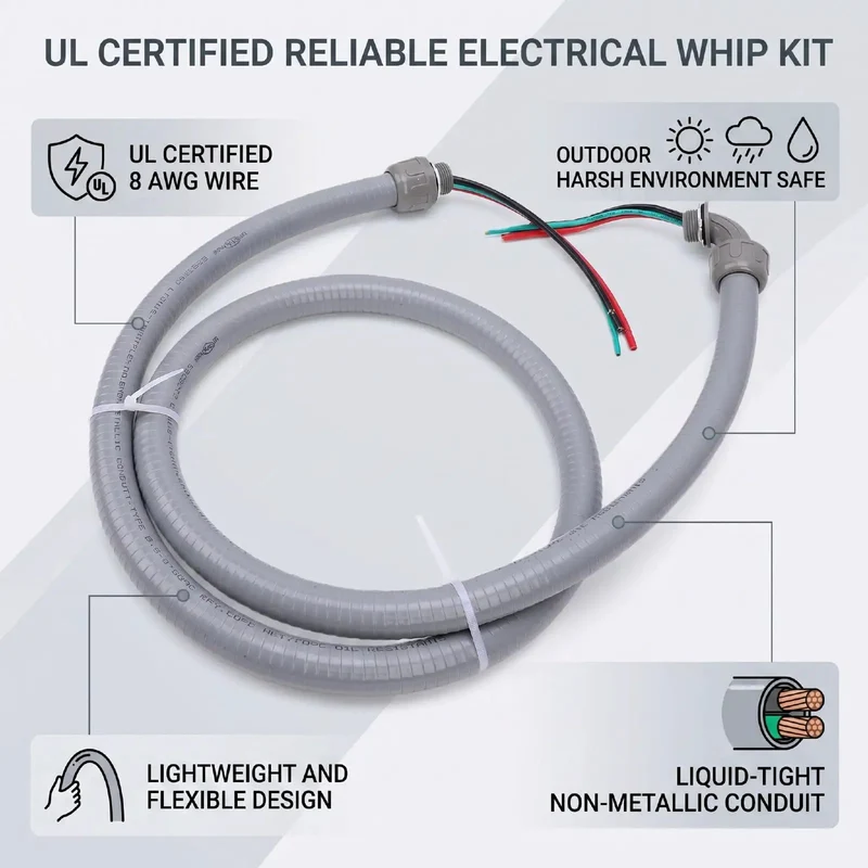 Straight Up Heavy Duty Electrical AC Whip Kit With Six Feet Liquid Tight Conduit And Pre Wired Eight Gauge Copper Conductors For A Plug And Play Setup That Kills Measuring Errors On Big Jobsites