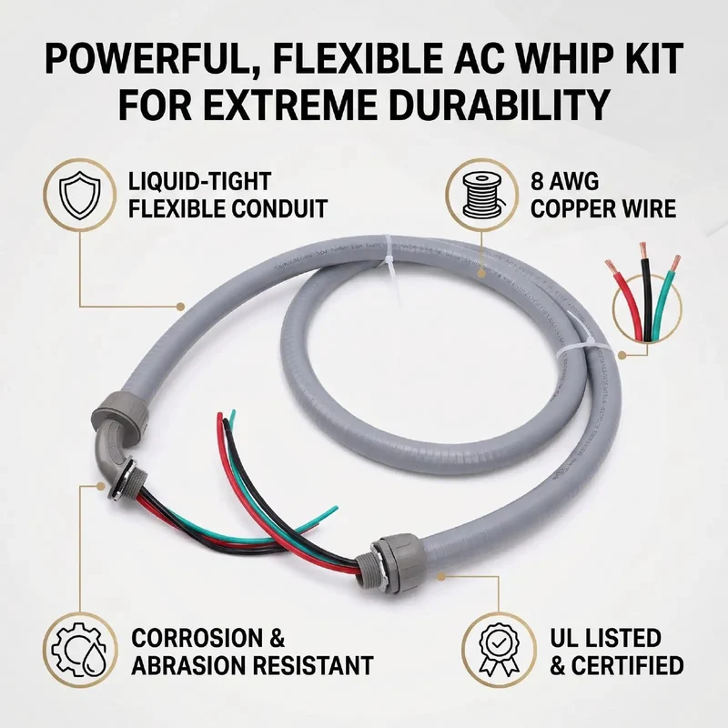 Straight Up Heavy Duty Electrical AC Whip Kit With Six Feet Liquid Tight Conduit And Pre Wired Eight Gauge Copper Conductors For A Plug And Play Setup That Kills Measuring Errors On Big Jobsites