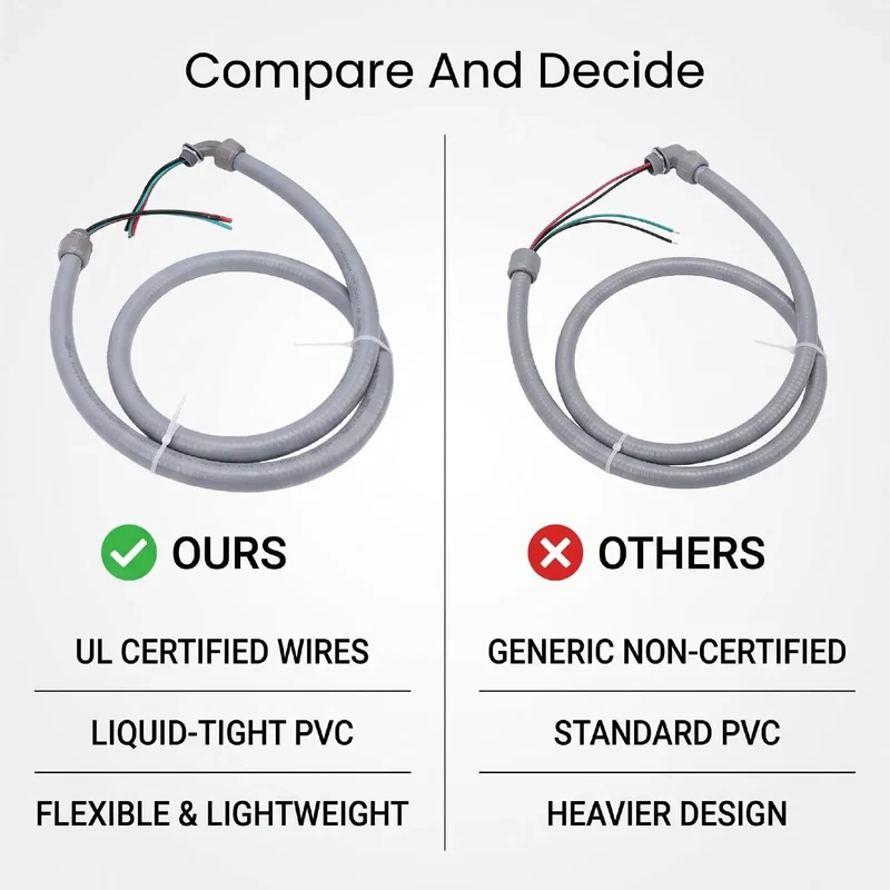 Straight Up Heavy Duty Electrical AC Whip Kit With Six Feet Liquid Tight Conduit And Pre Wired Eight Gauge Copper Conductors For A Plug And Play Setup That Kills Measuring Errors On Big Jobsites