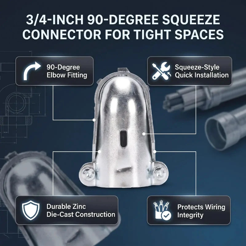 Heavy Duty 10 Pack 3/4 Inch 90 Degree Squeeze Connector Zinc Alloy Conduit Fitting MC Cable Adapter For Junction Boxes Straight Shot Routing No Fuss Install Rock Solid Lock Pro Grade Wiring Hardware