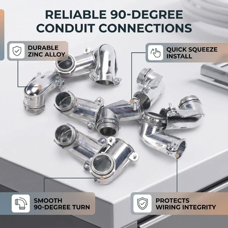 10 Piece 3/4 Inch Flexible Metal Conduit Elbow, 90 Degree Zinc Die Cast Squeeze Connector For AC MC Cables, Quick Install Wire Turn That Lets You Navigate Tight Spaces Without A Sweat