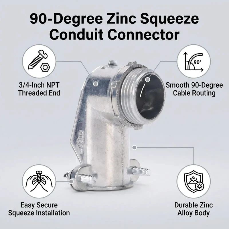 10 Piece 3/4 Inch Flexible Metal Conduit Elbow, 90 Degree Zinc Die Cast Squeeze Connector For AC MC Cables, Quick Install Wire Turn That Lets You Navigate Tight Spaces Without A Sweat