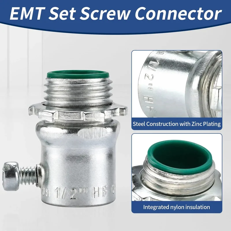 Rugged 1/2 Inch EMT Set Screw Connector With Insulated Throat Protection And Corrosion Resistant Zinc Plated Steel For Secure Electrical Conduit Connections In A Heavy Duty 25 Pack For Tradesmen And Diy Guys Doing Quick Wiring Work Indoors