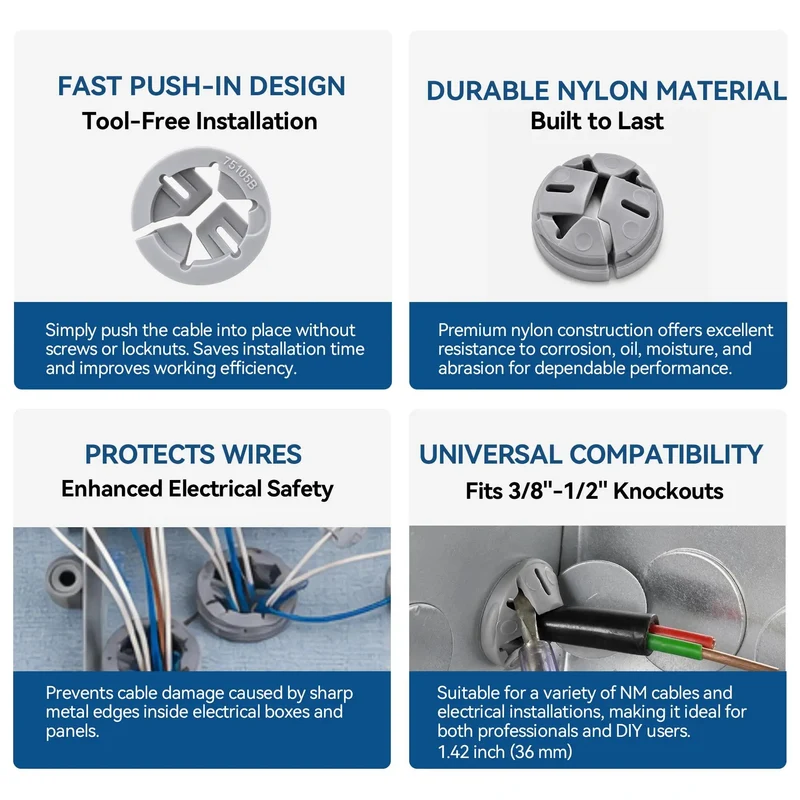 No Fuss Gray Push In Wire Connectors For Non Metallic Cable Bulk Fifty Pack Plug And Play Junction Box Knockout Plugs For Three Eighths To Half Inch Electrical Job Fixes