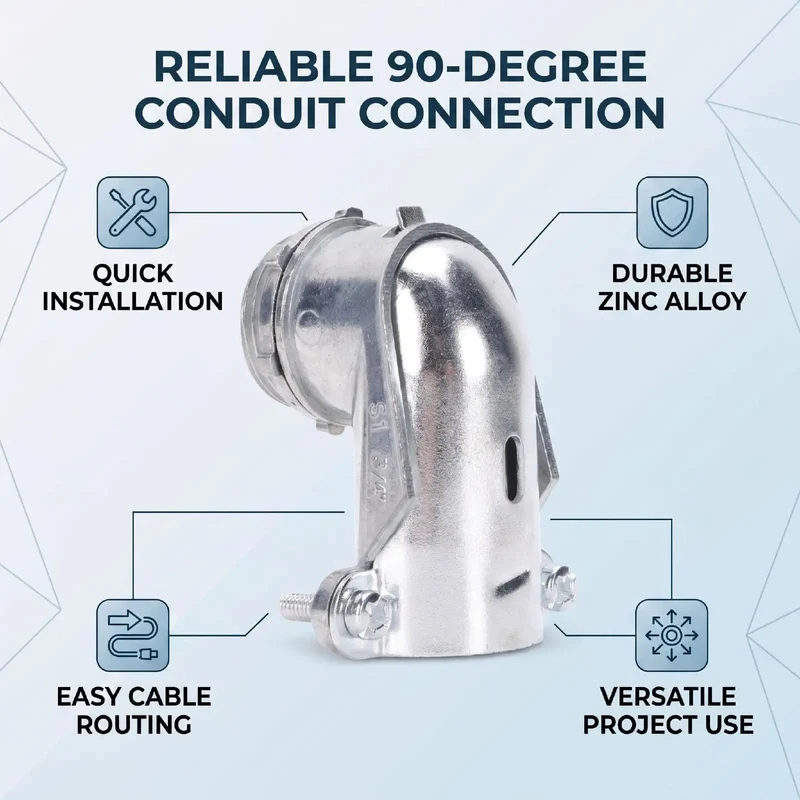 Heavy Duty Ninety Degree Squeeze Connectors For 3/4 In Flexible Metal Conduit And AC MC Cable Pack Of Ten Zinc Die Cast Elbows Crush Grip Snug Tight To Any Junction Box Runs Dead Smooth And Real Rugged