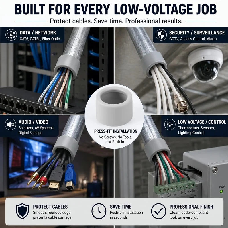 100 Pack Three Quarter Inch Emt Insulating Conduit Bushings White Plastic Cable Grommets Nec Approved Pro Setup Bulk Deal For No Sweat Installations And Smooth Wire Pulls On Every Job Site