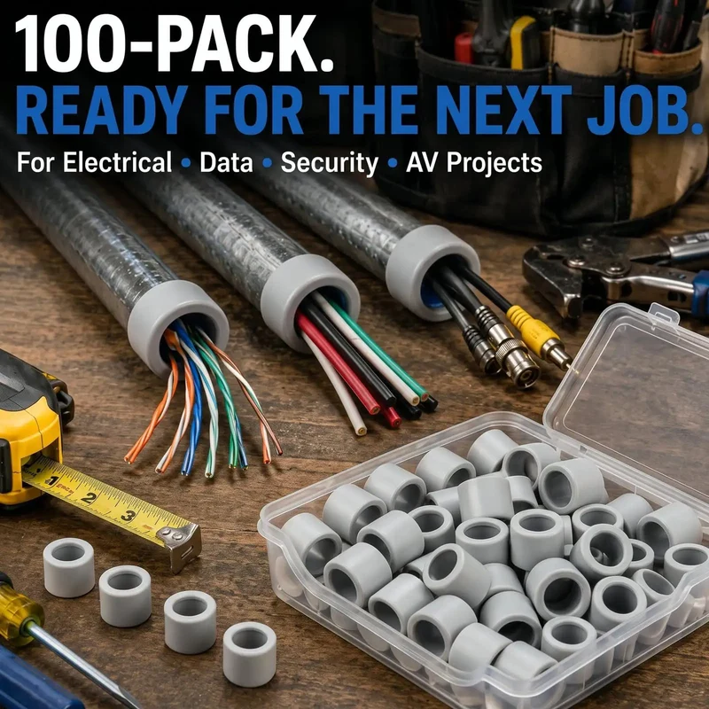 100 Pack Three Quarter Inch Emt Insulating Conduit Bushings White Plastic Cable Grommets Nec Approved Pro Setup Bulk Deal For No Sweat Installations And Smooth Wire Pulls On Every Job Site
