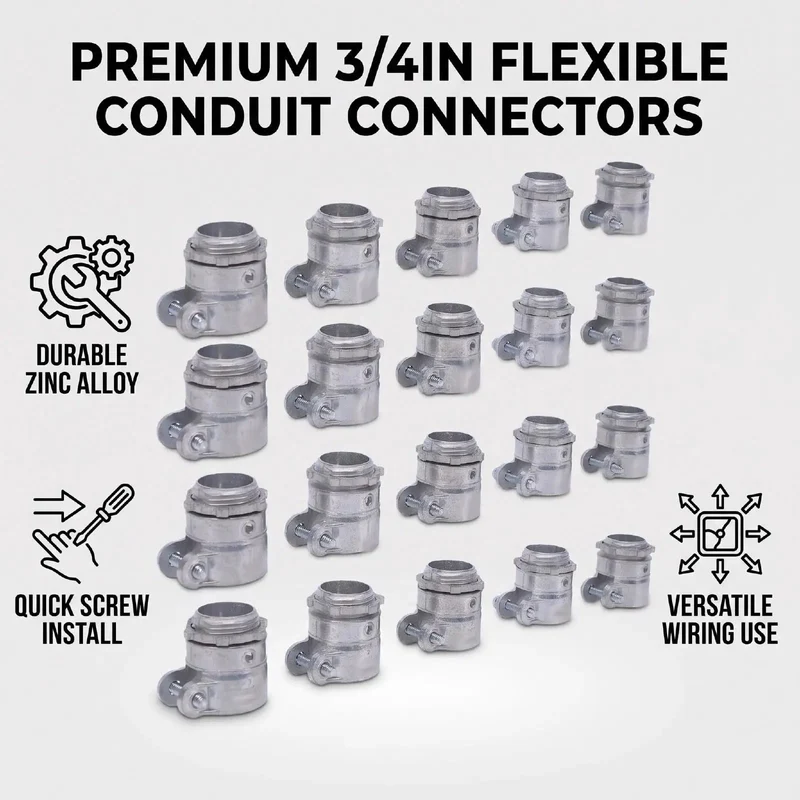 Rock Solid Three Quarter Inch Squeeze Connectors For Flexible Metal Conduit Heavy Duty Zinc Alloy Electrical Wire Fittings Fast Push Install Tight Seal Indoor Wiring Rigs Built Tough For The Trade