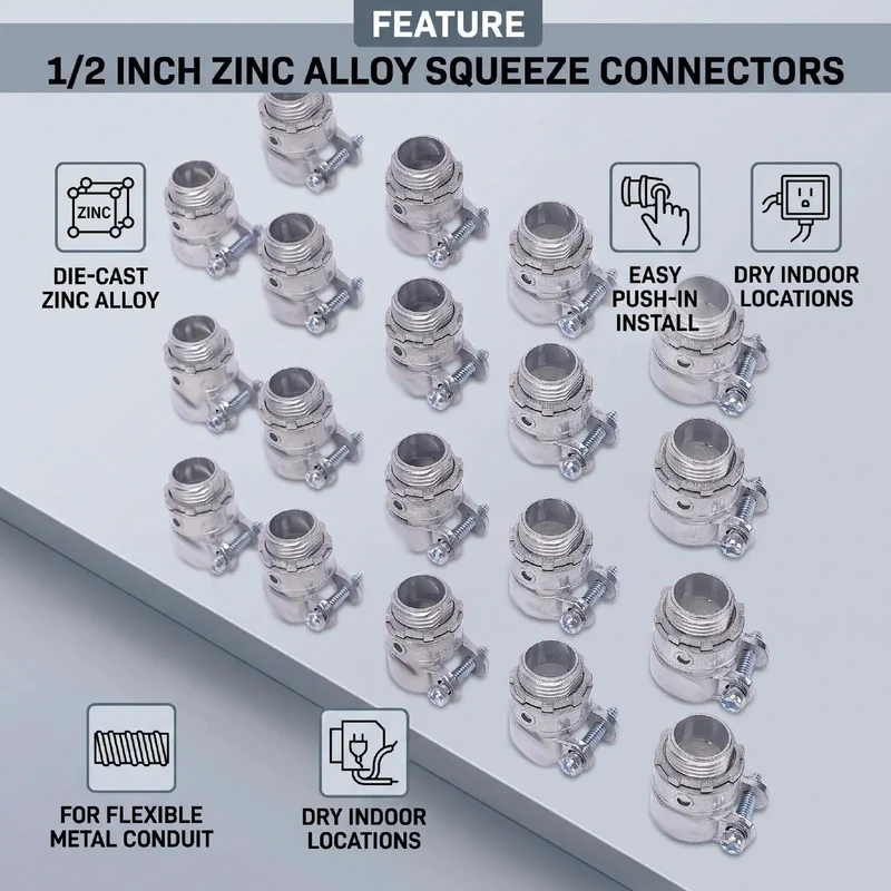 20 Pack Of 1/2 Inch Squeeze Connectors For Electrical Boxes Crafted From Zinc Alloy With Push In Installation And Durable Screw Locking Nuts Compatible With Various Conduits To Deliver A Snug Secure Fit That Locks Down Wiring Fast For Reliable Results