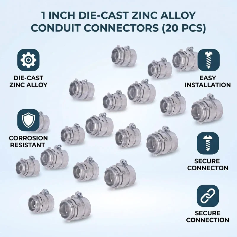 Heavy Duty 20 Piece 1 Inch Squeeze Conduit Connectors For Fmc Electrical Systems Die Cast Zinc Alloy With Reverse Locking Nut For Rock Solid Cable Seals And No Fuss Install